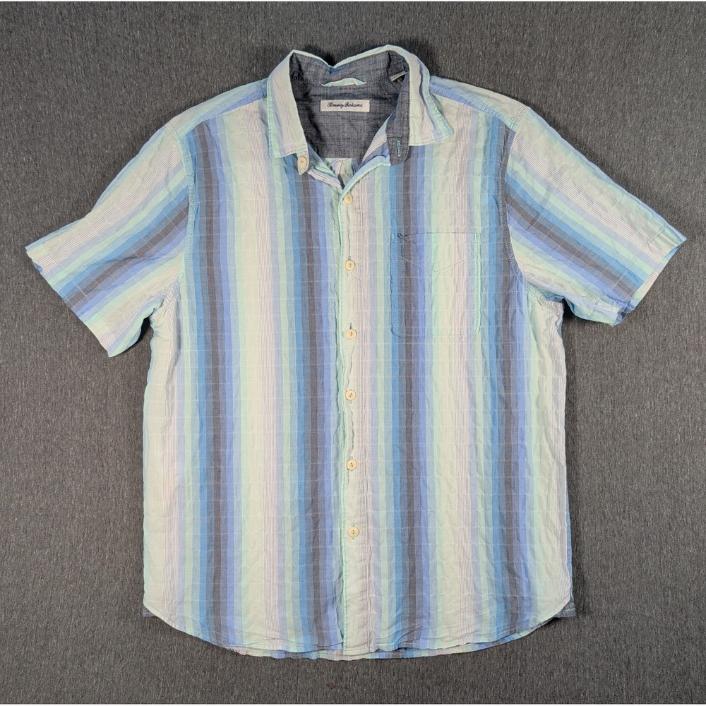 Tommy Bahama TEXTURED STRIPE Cotton Camp Shirt Med Crinkle Beach Blue Hues